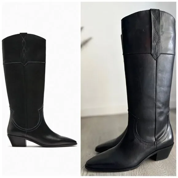 ZARA LEATHER COWBOY BOOTS NEW - Picture 2 of 11